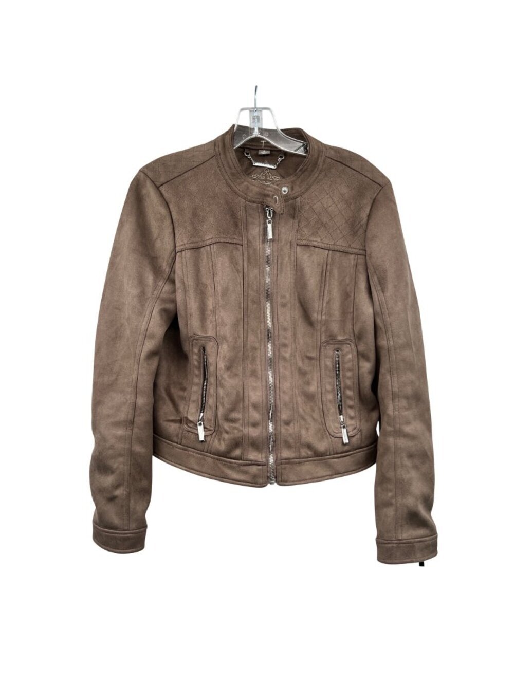 JouJou Womens Faux Suede Moto Jacket Full Zip Brown Mocha Size Large Pockets